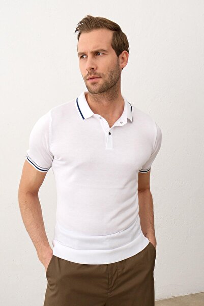 Danger Ανδρικό καλοκαιρινό πλεκτό μπλουζάκι με ριγέ Slim-fit Fit Polo Collar White