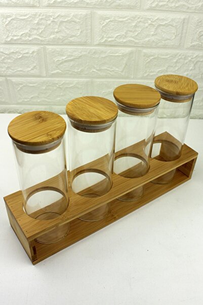 ALBETTO 4-Piece Glass Spice Rack with Bamboo Stand Borosilicate Glass Spice S...
