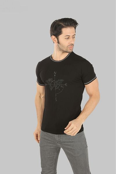 Brango Front Embroidery Printed Black T-Shirt