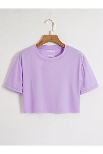 Revasser Kadın Düz Renkli Özel Oversize Pamuk Bisiklet Yaka Penye Crop T-Shirt