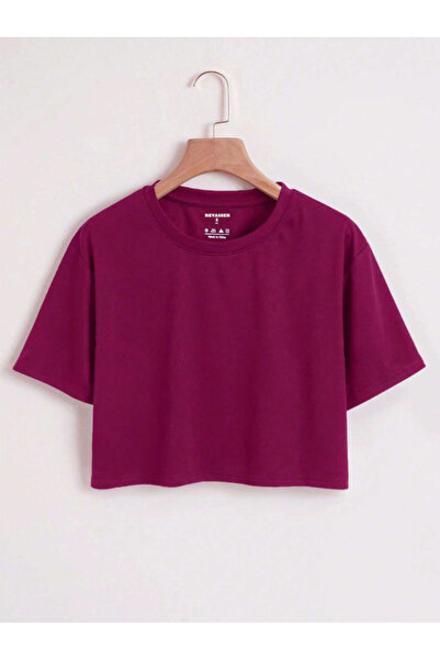 Revasser Kadın Düz Renkli Özel Oversize Pamuk Bisiklet Yaka Penye Crop T-Shirt