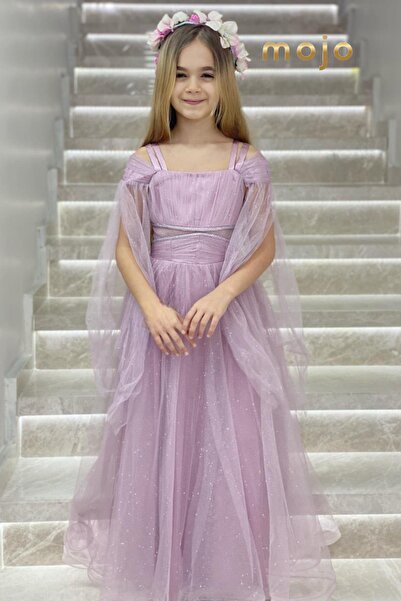 Mojo Bebek Erkut Abiye Kız Çocuk Düşük Omuz Kolu Tüllü Uzun Abiye Elbise 680 Lila