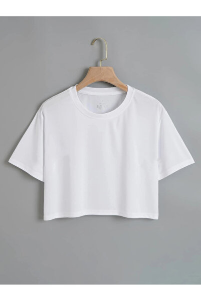 Revasser Kadın Düz Renkli Özel Oversize Pamuk Bisiklet Yaka Penye Crop T-Shirt