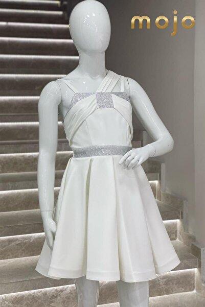 Mojo Bebek Erkut Abiye Taş Işlemeli Tek Omuz Saten Abiye Elbise 610 Krem