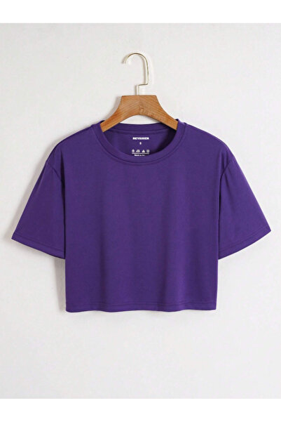 Revasser Kadın Düz Renkli Özel Oversize Pamuk Bisiklet Yaka Penye Crop T-Shirt