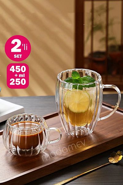 Madamev 2-Piece Double Walled 450+250 ml Heat Resistant Glass Cup Cold Twisted Tea Milk Coffee Cup