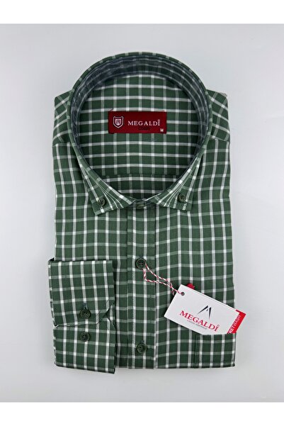 MEGALDİ Erkek Klasik Kesim Piti Kareli Yeşil Uzun Kollu Cepli Gömlek