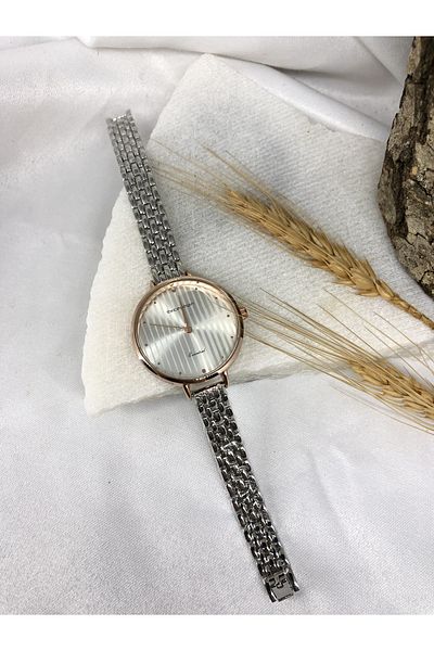 Exception Silver Rose Detailed Chain Women's Wristwatch