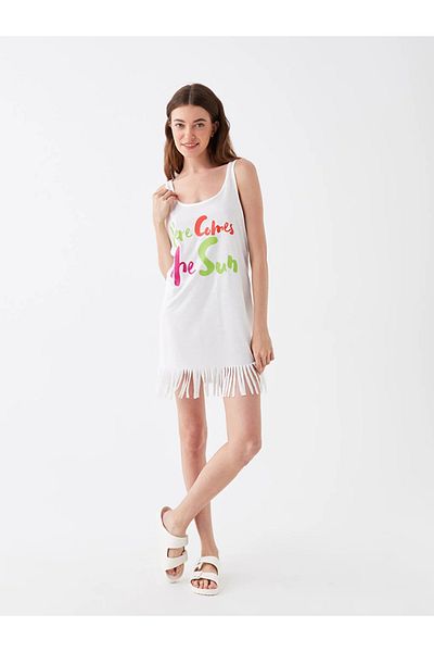 LC Waikiki LCW DREAM GSM storE - Γυναικείο φόρεμα παραλίας με στάμπα με λαιμόκοψη, κοντό μανίκι