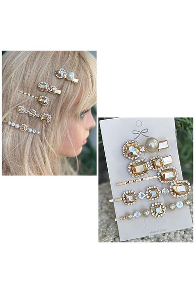 QUEEN AKSESUAR Set de 5 bucăți de lux, cu perle cu bijuterii, cu șinuri, set de catarame laterale metalice pentru femei, copii, aur