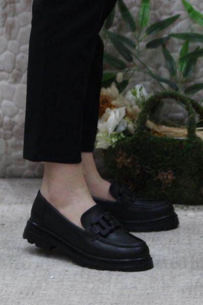 fort 71119 Black Leather Buckle Detailed Comfortable Loafer Women's Shoe
