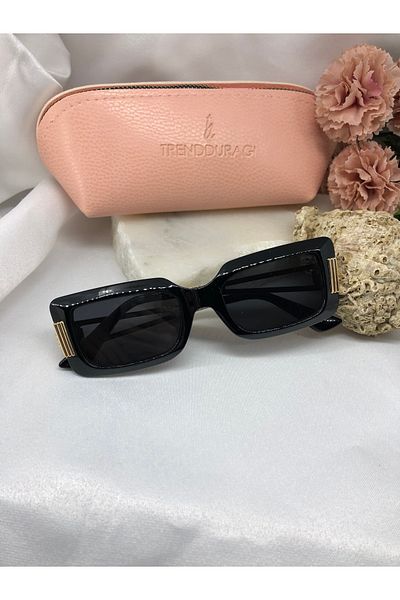 Di Caprio Ricy Rectangular Black Women's Sunglasses with Gold Detail