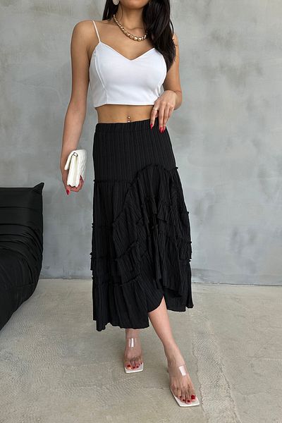 Ortaya Çık Black Asymmetrical Seersucker Skirt with Elastic Waist