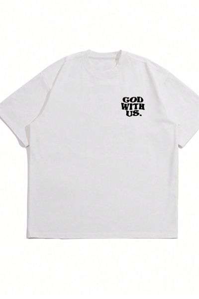 AEMİ Tricou alb unisex, God With Us, cu imprimeu pe spate și pe piept, supradimensionat, 100% bumbac