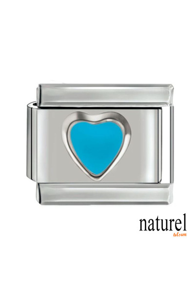 Naturel Tılsım 9mm Blue Heart Charm - Stainless Steel, Italian