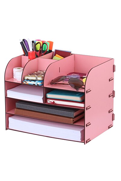 KLES ahşap A4 Evrak Rafı Masaüstü Organizer Dosya Düzenleyici Ahşap Organizer - Org_4_pembe