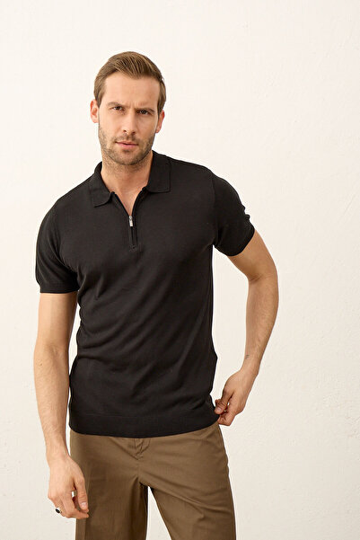 Danger Men's Basic Slim-fit Fit Polo Collar Summer Knitwear T-shirt Black