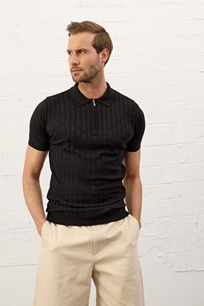 Danger Ανδρικό μπλουζάκι με φερμουάρ Slim-fit Fit Polo γιακά Λεπτό Πλεκτό Μπλουζάκι Μαύρο