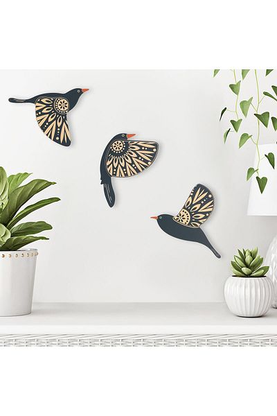 CajuArt Decorative Triple Patterned Birds Wooden Wall Painting Decor Ornament