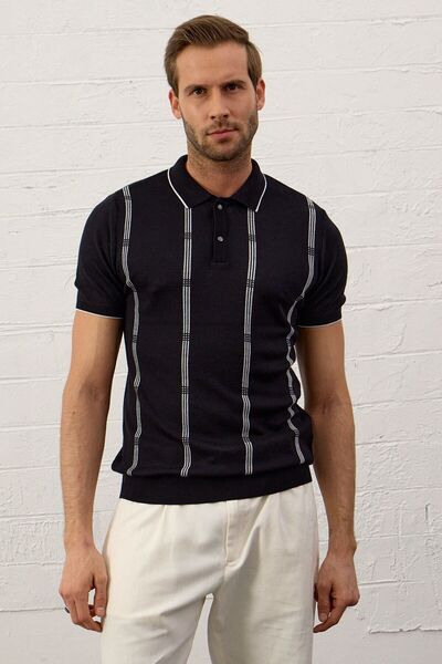 Danger Ανδρικό μπλουζάκι με λεπτή φόρμα πόλο με λαιμόκοψη σκούρο ναυτικό