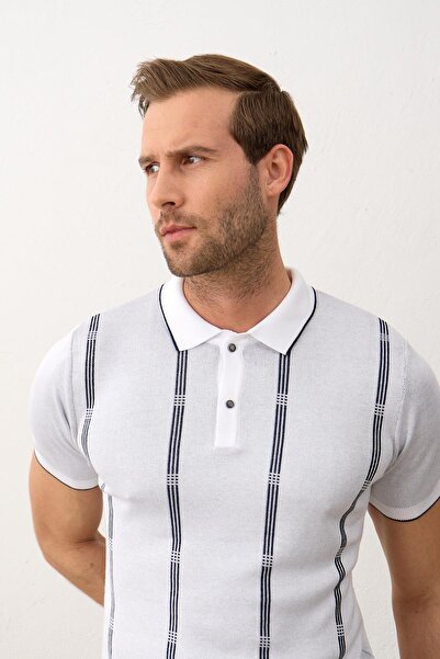 Danger Ανδρικό μπλουζάκι πλεκτό με λεπτή φόρμα πόλο με λαιμόκοψη Λευκό