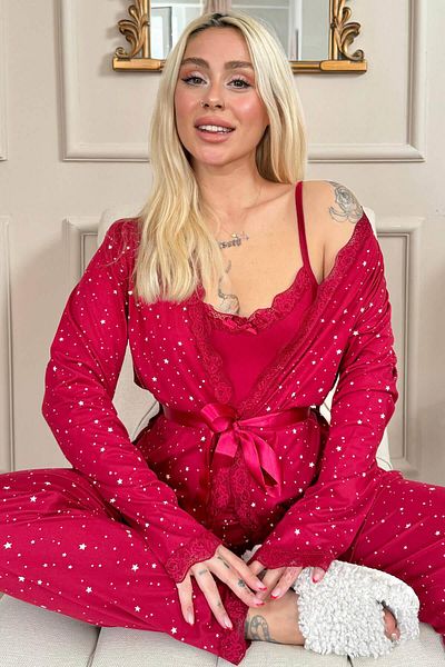 Pijamaevi Weinrotes Pyjama-Set für Damen mit Mini-Sternenmuster und Morgenmantel aus Bambus