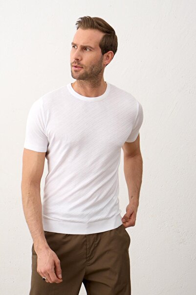 Danger Ανδρικό ριγέ λευκό μπλουζάκι με λαιμόκοψη με λεπτή εφαρμογή