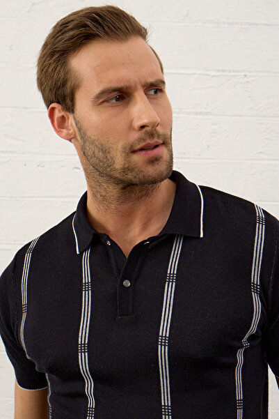 Danger Ανδρικό μπλουζάκι με λεπτή φόρμα πόλο με λαιμόκοψη σκούρο ναυτικό