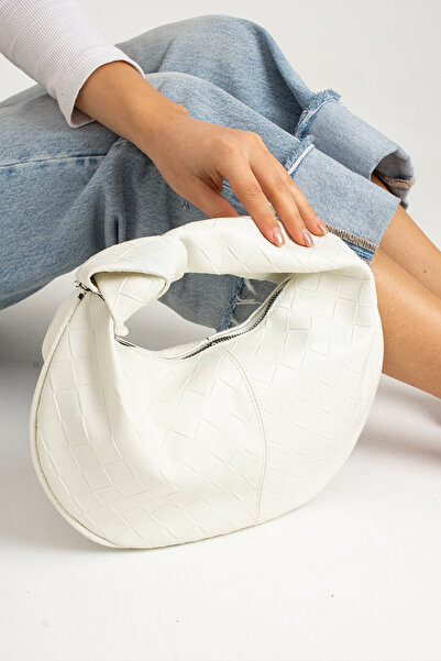 ESTUTE Kadin  Mini Baget Dügüm Detaylı Fermuarlı El Çanta Örgü Desenli