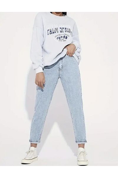 MAKRAS EXCLUSIVE Angerta Ice Blue High Waist Lycra Mom Jean - Five Pockets Snow Washed