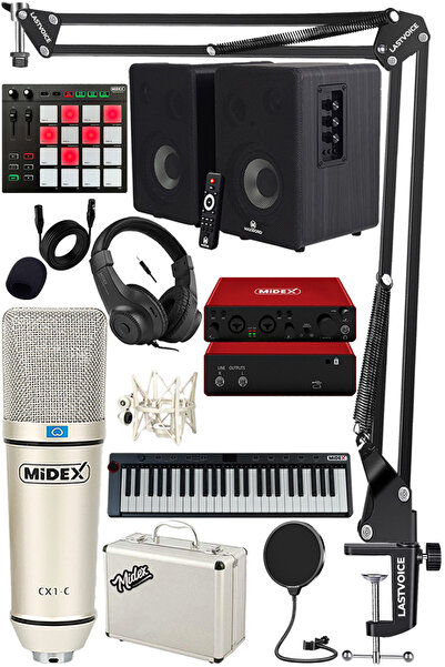 Midex İmpressive Paket-5 Stüdyo Ekipmanları Seti (Monitör Mikrofon Ses Kartı Kulaklık Midi Klavye)