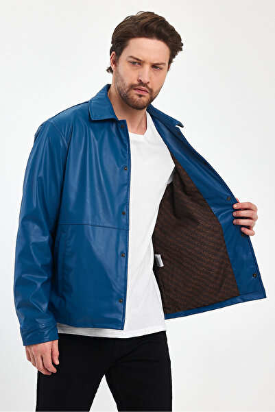 Black Level Cămașă din piele impermeabilă pentru bărbați - Închidere rapidă, 2 buzunare laterale, jachetă casual