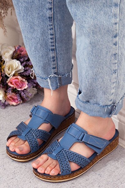 Adım Adım Dámské modré ortopedické pantofle z pravé kůže