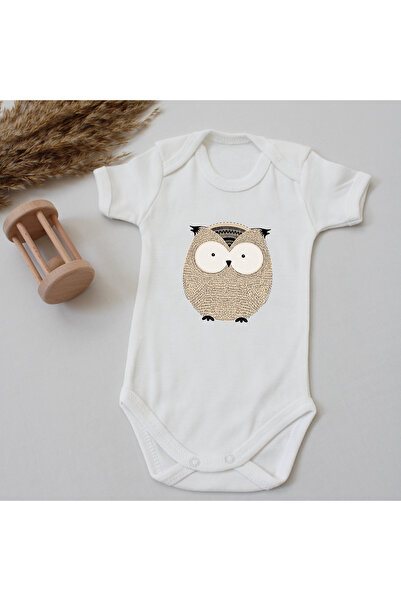 Unisex Bebek Baykuş Kişiye Özel Baskılı Organik Kısa Kol Badi
