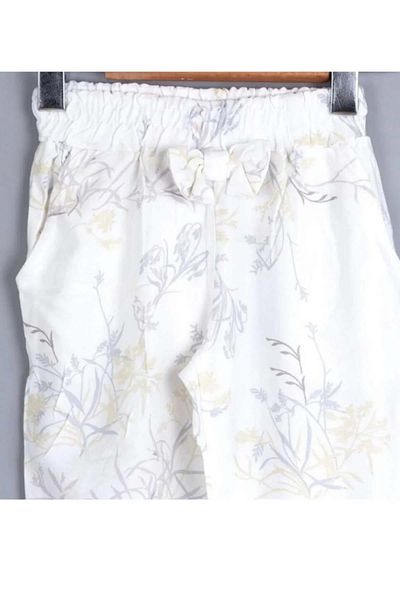 Riccotarz Baby Girl Flower Print and Bow Detailed White Trousers with Pockets