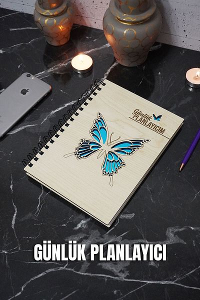 markcat Caiet de planificare din lemn cu design fluture - Agenda nedatat - Planificator zilnic - Caiet de planificare A5