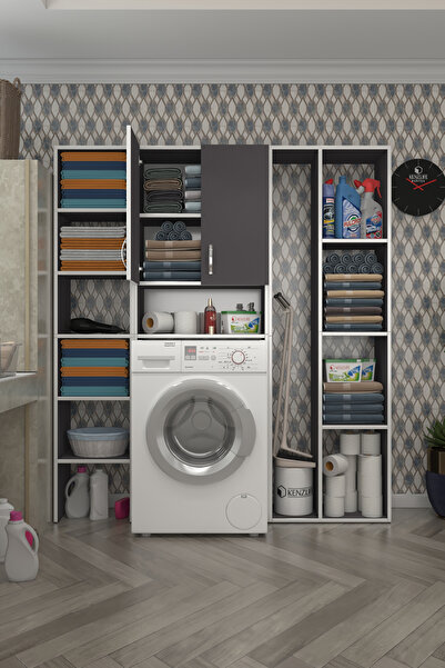 Kenzlife Çamaşır Makinesi Dolabı Sinemmega Gri 180*156*30 Banyo Kapaklı Arkalıklı Raflı