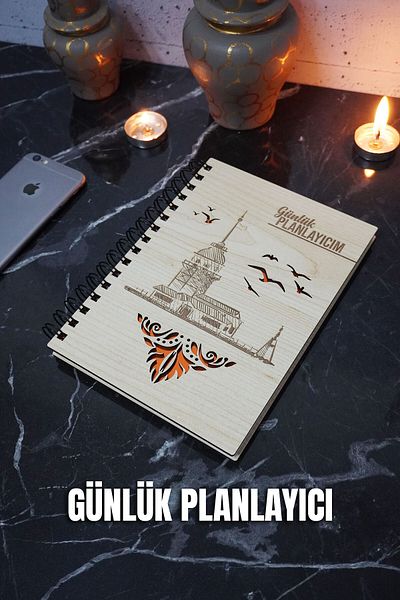 markcat Caiet de planuri din lemn cu design Turnul Fecioarei - Agenda nedatat - Planificator zilnic (CAIET DE PLANIFICARE) A5