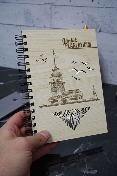 markcat Caiet de planuri din lemn cu design Turnul Fecioarei - Agenda nedatat - Planificator zilnic (CAIET DE PLANIFICARE) A5