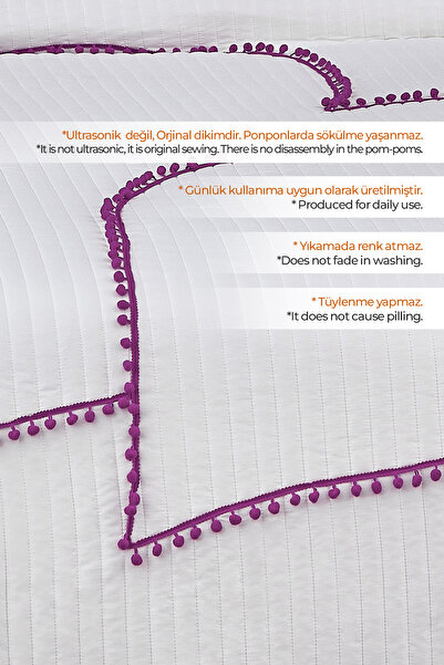 Evlen Home Collection Kalbim Ponponlu Yatak Örtüsü Seti Çift Kişilik Kapitone Pike Takımı Elyaf Dolgulu Krem-lila