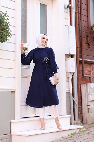 Tesettür Diyarı Kadın Tesettür Giyim Linda Kumaş Taş Detaylı Tunik-Lacivert