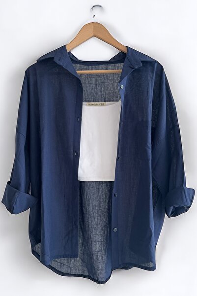 NUDEQUEEN Oversize Keten Dokulu %100 Pamuk Tek Cepli Salaş Gömlek KGT-KU3435