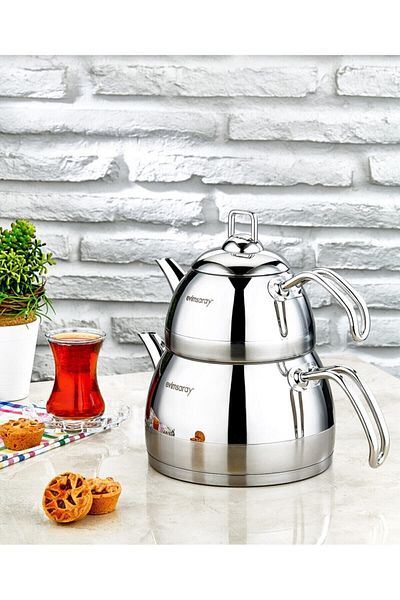Evimsaray Steel Venus Medium Teapot Set Metallic