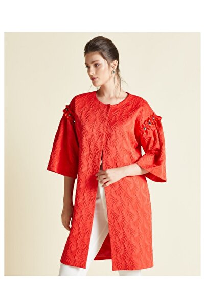 LUXXO Women's Red Shoulder Buttoned Textured Tunic Y0188