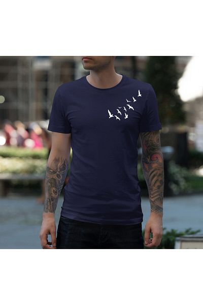 Raf Coll Μπλουζάκι Unisex Navy Blue Slim Fit Birds με ψηφιακή εκτύπωση