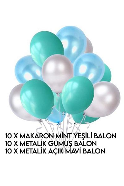 Parti dolabı Set of 30 Mint Water Green - Metallic Silver Gray - Metallic Baby Blue Light Blue Pearlescent Balloons