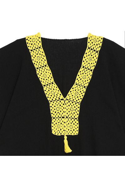 Soma Kadın Atölyesi Hand Embroidered Yellow Collar Black Pareo Lacy Cotton Fabric with Tassels StndSize Black Yellow K