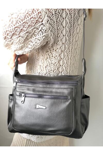 samilon Samılon Gümüş Kadın Yıkama Deri Bol Gözlü Çapraz Omuz Çantası