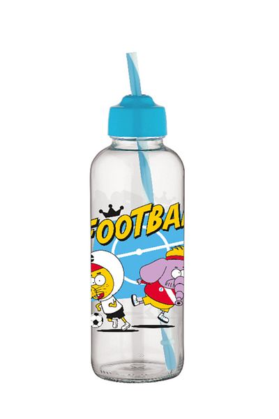 Renga King Şakir Patterned Blue Color Glass Bottle with Straw 450 cc