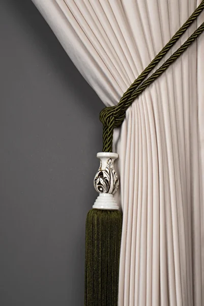 Saççax Exclusive Khaki Green Color White Core Detailed Background Curtain Tie Classic Baroque Tasseled Braçol
